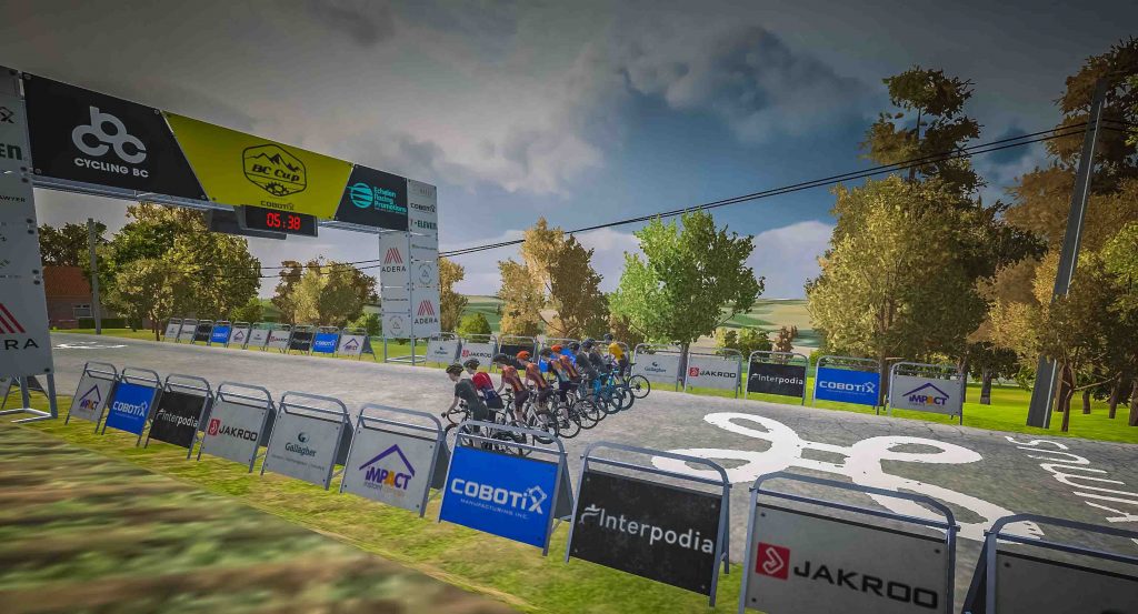 Avatars of riders lined up at the start line of a virtual BC Cup race