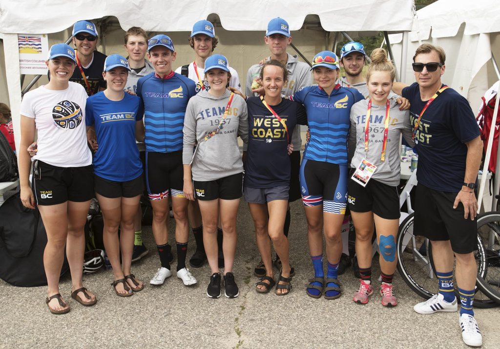 Group photo of Team BC road cycling athletes, staff, and coaches.