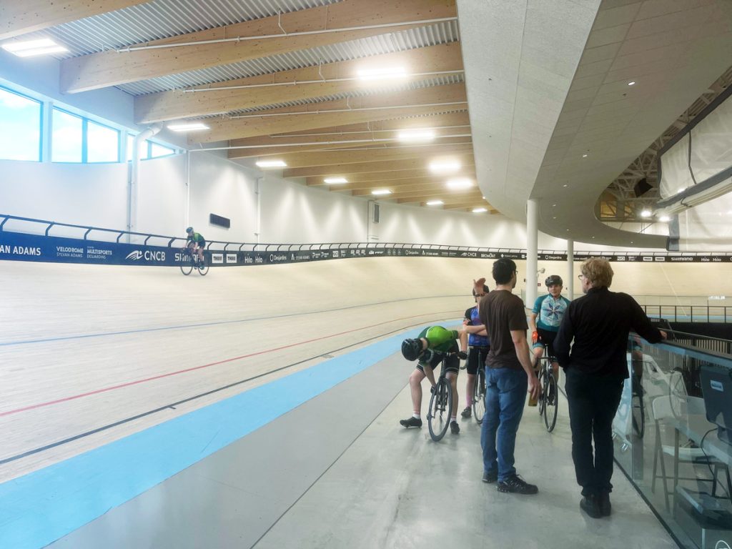 BC riders on a practice ride at the Sylvan Adams Velodrome ahead of the 2023 Canadian U17/Jr/Para Track Cycling Championships.