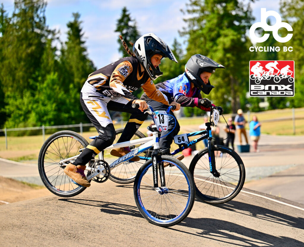 A couple of young BMX racers riding on the track